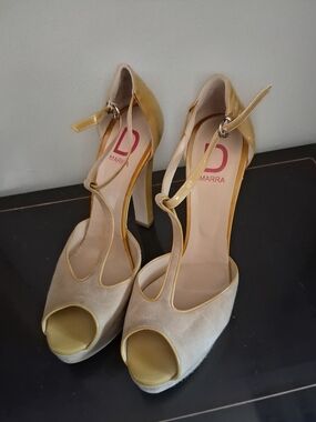 Antonio Marras Yellow and Cream T-Strap Peep Toe Platform Heels
